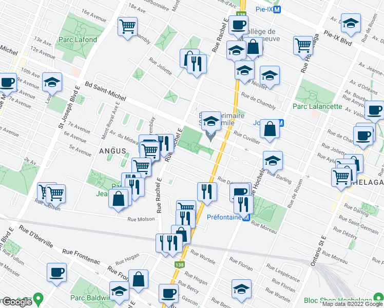 map of restaurants, bars, coffee shops, grocery stores, and more near 3542 Rue Saint Germain in Montréal