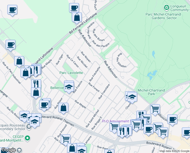 map of restaurants, bars, coffee shops, grocery stores, and more near 1142 Rue Fréchette in Longueuil