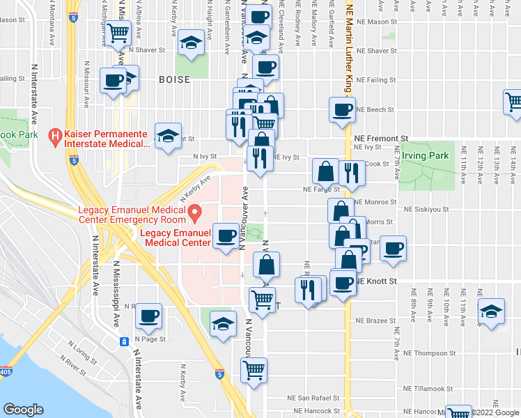 map of restaurants, bars, coffee shops, grocery stores, and more near 3039 North Williams Avenue in Portland