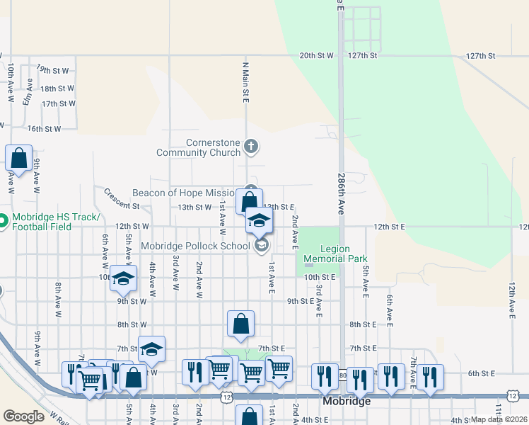 map of restaurants, bars, coffee shops, grocery stores, and more near 308 North Main Street East in Mobridge