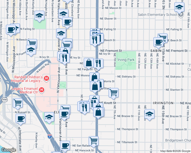 map of restaurants, bars, coffee shops, grocery stores, and more near 306 Northeast Morris Street in Portland