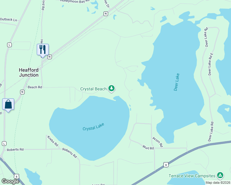 map of restaurants, bars, coffee shops, grocery stores, and more near W5505 Beach Road in Tomahawk