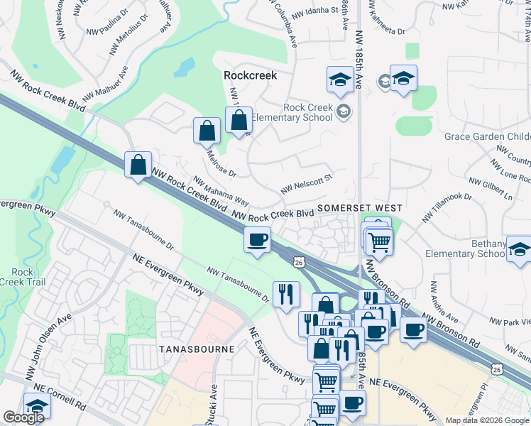 map of restaurants, bars, coffee shops, grocery stores, and more near 19055 Northwest Rock Creek Boulevard in Portland