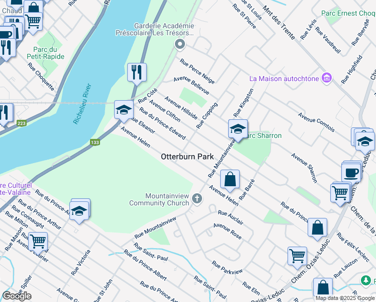 map of restaurants, bars, coffee shops, grocery stores, and more near 159 Rue Eleanor in Otterburn Park