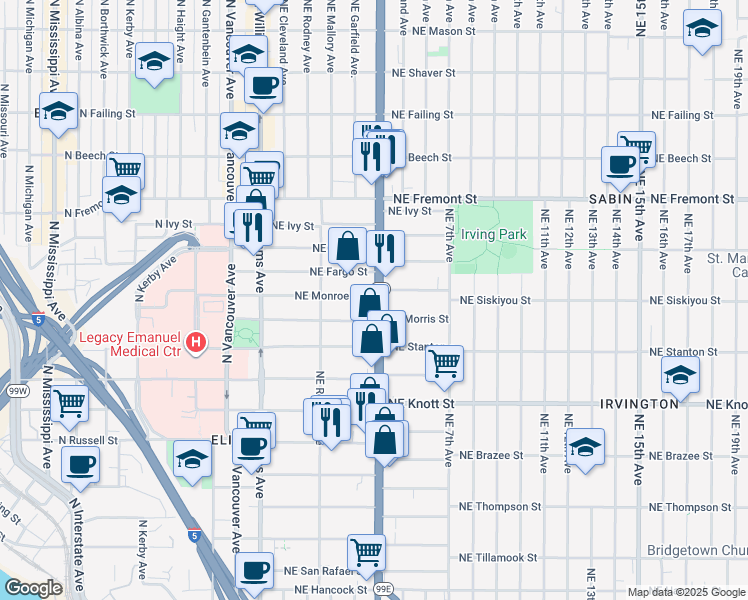 map of restaurants, bars, coffee shops, grocery stores, and more near 306 Northeast Morris Street in Portland