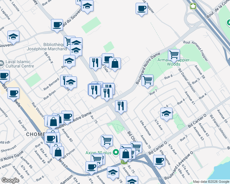 map of restaurants, bars, coffee shops, grocery stores, and more near 3025 Place Alton Goldbloom in Laval