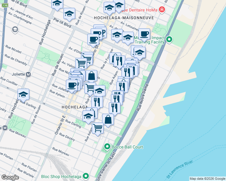 map of restaurants, bars, coffee shops, grocery stores, and more near 1497 Rue Nicolet in Montréal