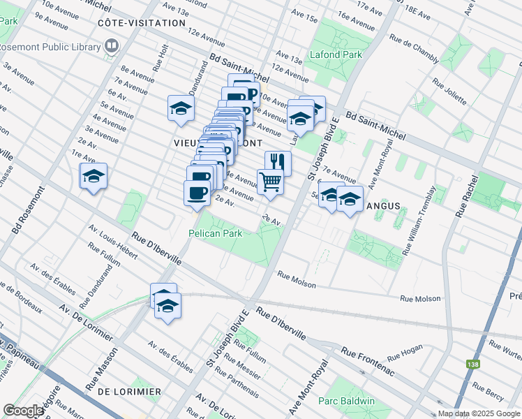 map of restaurants, bars, coffee shops, grocery stores, and more near 2685 Avenue Laurier Est in Montréal