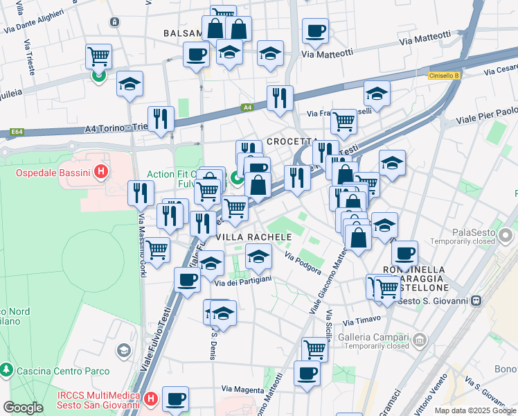 map of restaurants, bars, coffee shops, grocery stores, and more near 174 Viale Fulvio Testi in Cinisello Balsamo