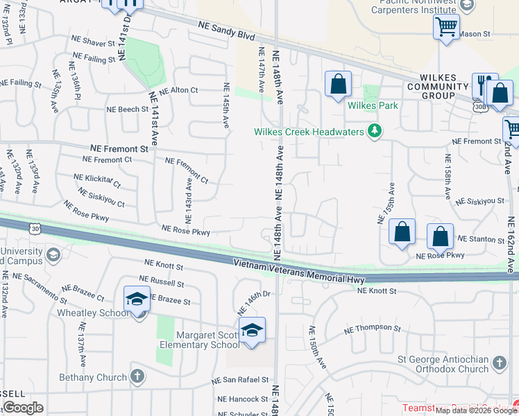 map of restaurants, bars, coffee shops, grocery stores, and more near 3141 Northeast 148th Avenue in Portland
