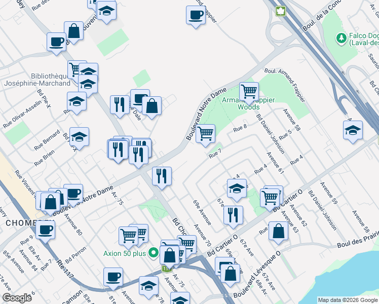 map of restaurants, bars, coffee shops, grocery stores, and more near 3100 Boulevard Notre-Dame in Laval