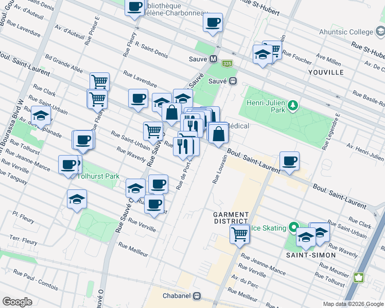 map of restaurants, bars, coffee shops, grocery stores, and more near 65 Rue de Port-Royal Ouest in Montréal