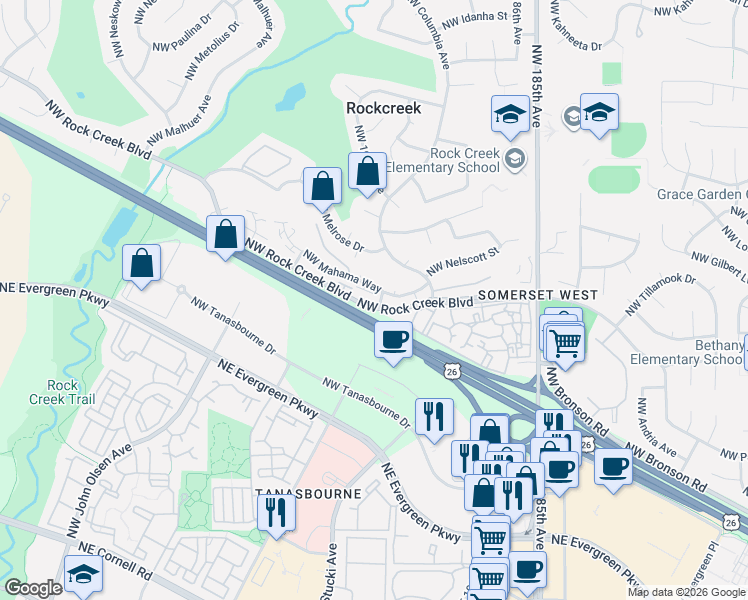 map of restaurants, bars, coffee shops, grocery stores, and more near 19180 Northwest Mahama Way in Portland