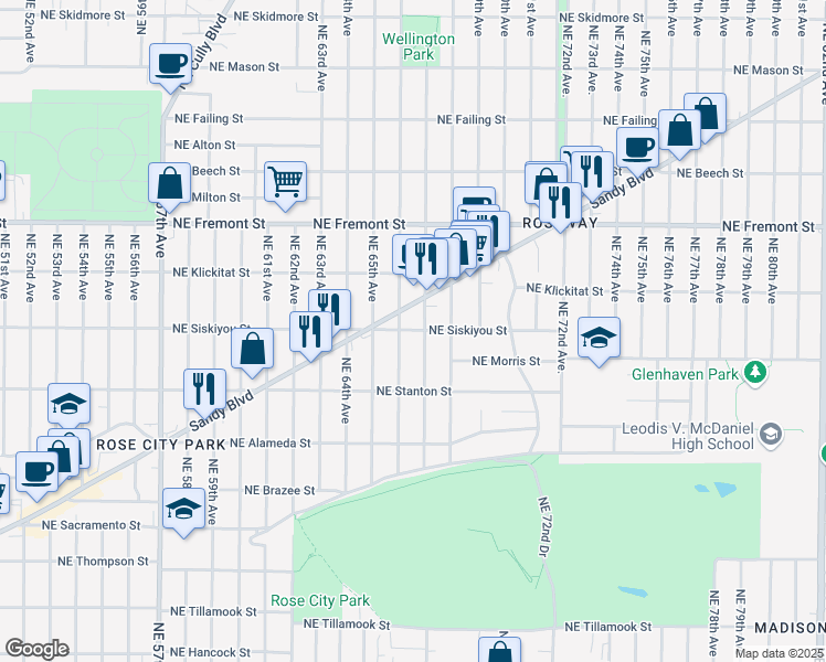 map of restaurants, bars, coffee shops, grocery stores, and more near 6626 Northeast Sandy Boulevard in Portland