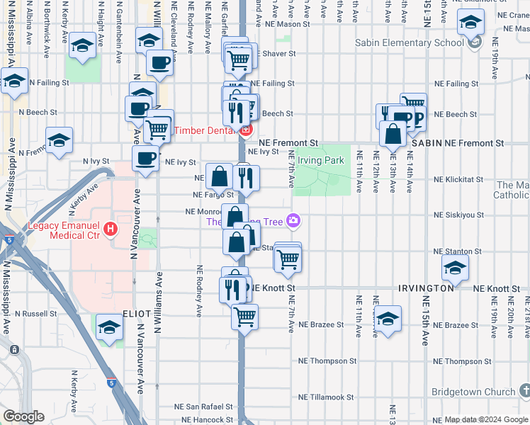 map of restaurants, bars, coffee shops, grocery stores, and more near 550 Northeast Fargo Street in Portland