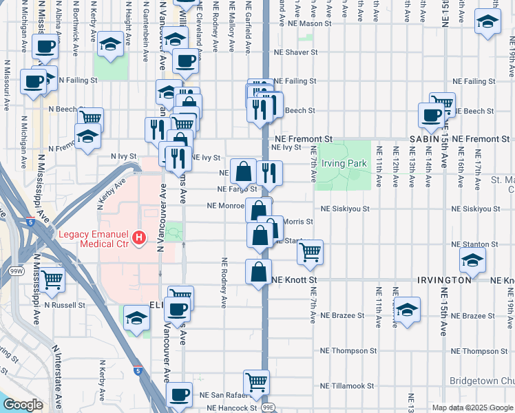 map of restaurants, bars, coffee shops, grocery stores, and more near 300-302 Northeast Fargo Street in Portland