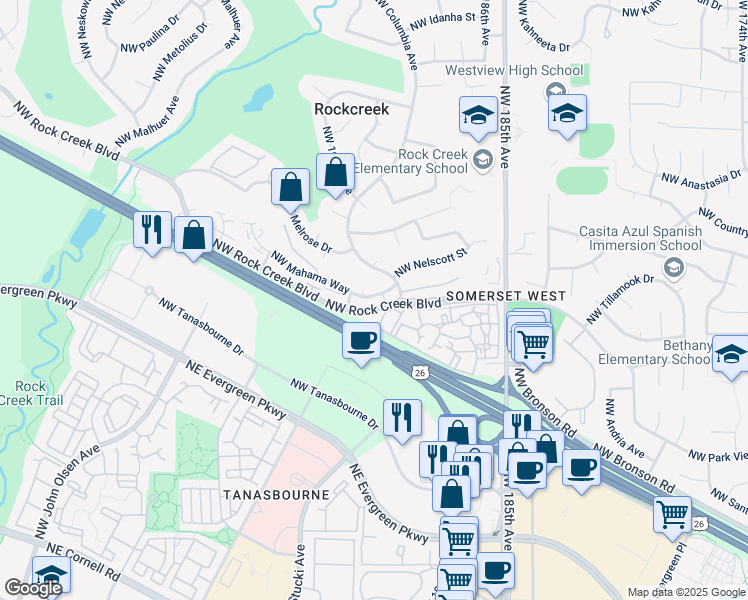 map of restaurants, bars, coffee shops, grocery stores, and more near 3635 Northwest Columbia Avenue in Portland