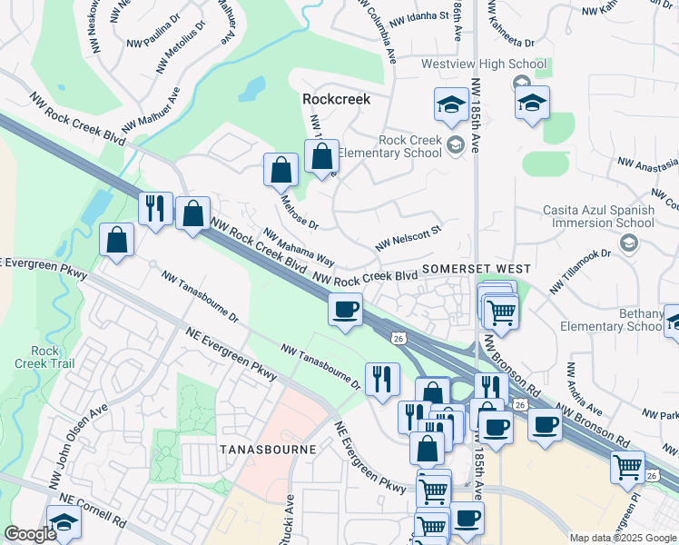 map of restaurants, bars, coffee shops, grocery stores, and more near 19179 Northwest Mahama Way in Portland