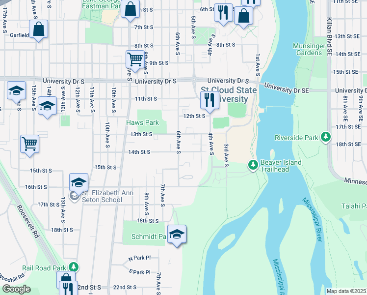 map of restaurants, bars, coffee shops, grocery stores, and more near 520 13th Street South in St. Cloud