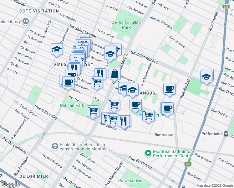 map of restaurants, bars, coffee shops, grocery stores, and more near 2820 Rue Gilford in Montréal