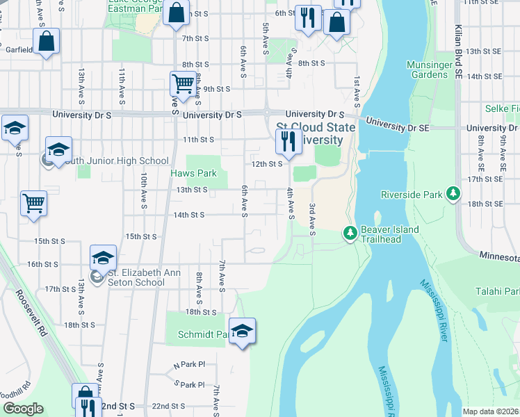 map of restaurants, bars, coffee shops, grocery stores, and more near 520 13th Street South in St. Cloud