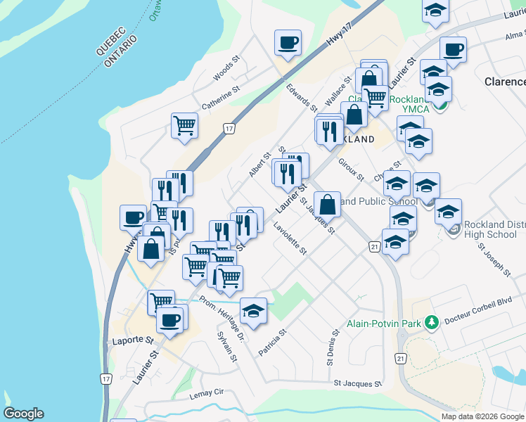 map of restaurants, bars, coffee shops, grocery stores, and more near 165 Dahlia Street in Clarence-Rockland