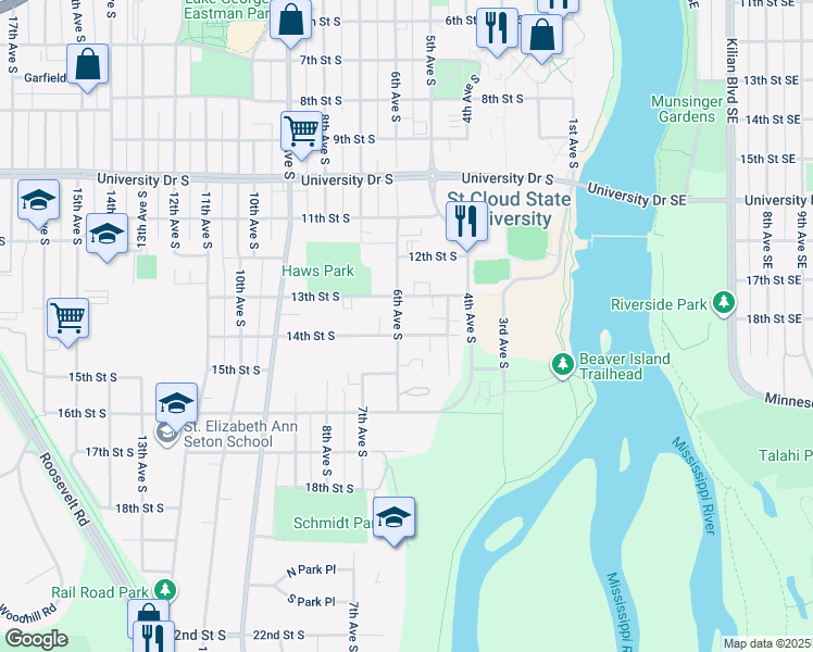 map of restaurants, bars, coffee shops, grocery stores, and more near 525 14th Street South in Saint Cloud