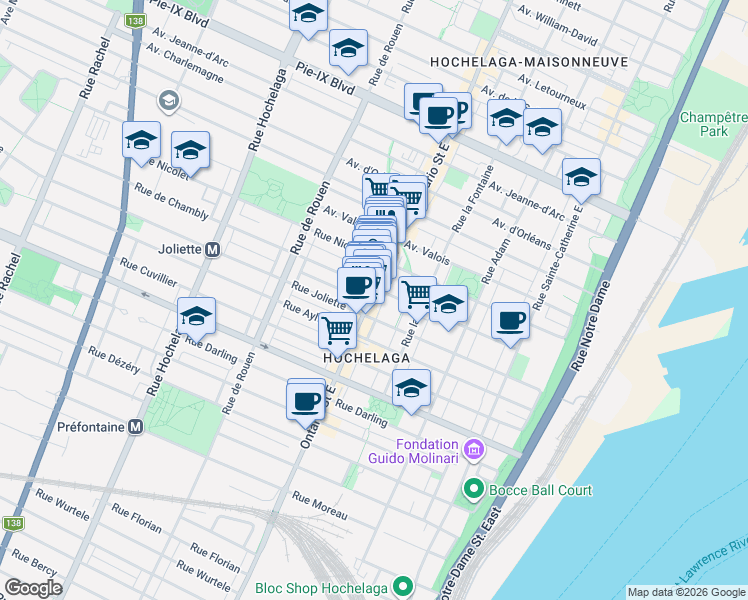 map of restaurants, bars, coffee shops, grocery stores, and more near 3610 Rue Ontario Est in Montréal
