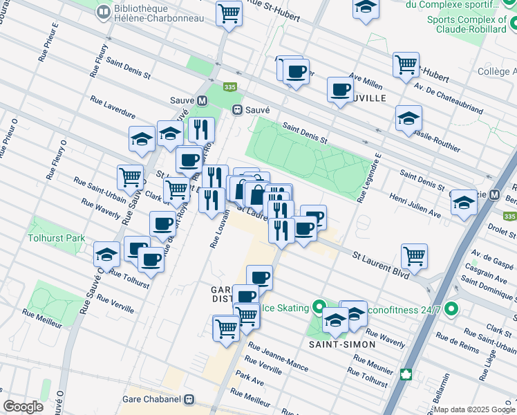 map of restaurants, bars, coffee shops, grocery stores, and more near 11 Rue de Louvain Est in Montréal