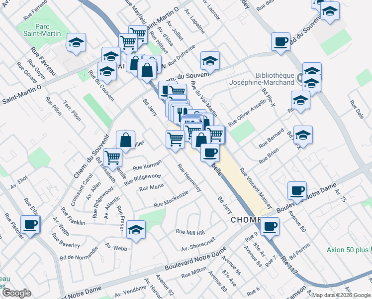 map of restaurants, bars, coffee shops, grocery stores, and more near 1253 Boulevard Jarry in Laval