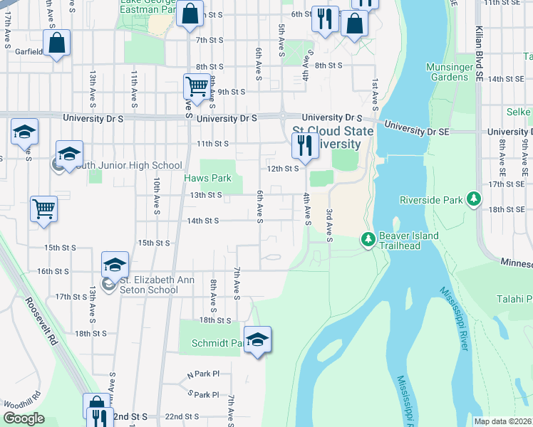 map of restaurants, bars, coffee shops, grocery stores, and more near 520 13th Street South in St. Cloud