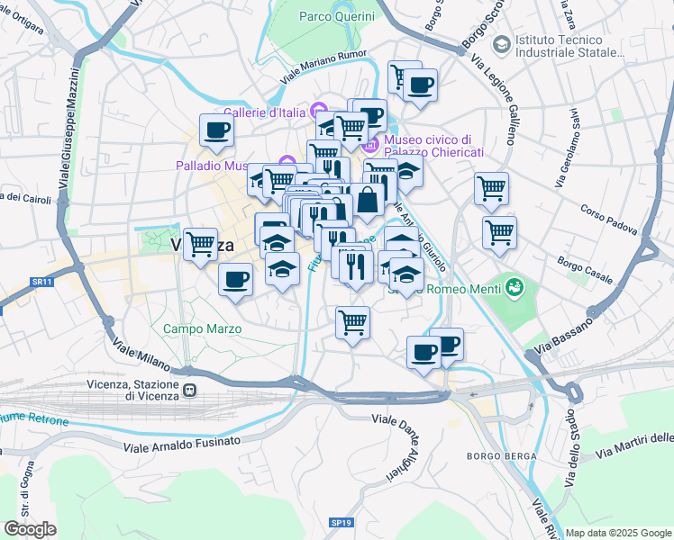 map of restaurants, bars, coffee shops, grocery stores, and more near 20 Contrà San Paolo in Vicenza