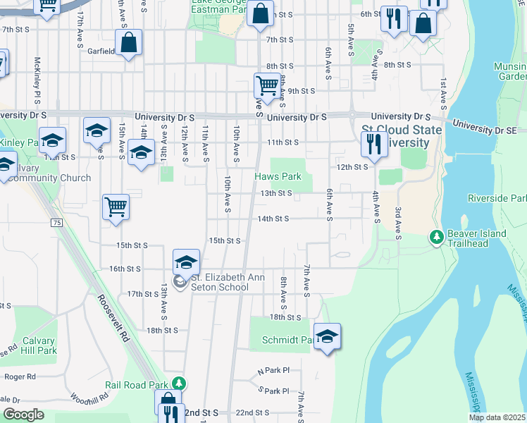 map of restaurants, bars, coffee shops, grocery stores, and more near 1340 9th Avenue South in St. Cloud