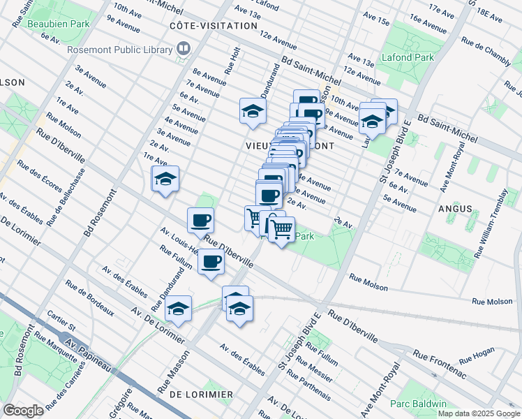 map of restaurants, bars, coffee shops, grocery stores, and more near 5454 1re Avenue in Montréal