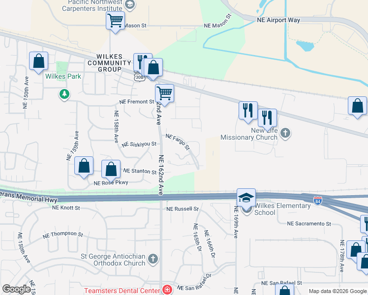 map of restaurants, bars, coffee shops, grocery stores, and more near 16318 Northeast Fargo Street in Portland