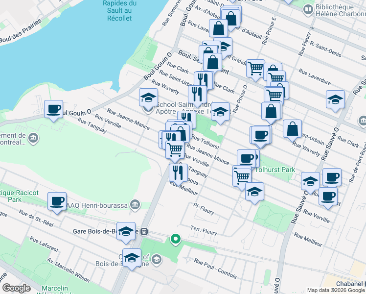 map of restaurants, bars, coffee shops, grocery stores, and more near 344 Boulevard Henri Bourassa Ouest in Montréal