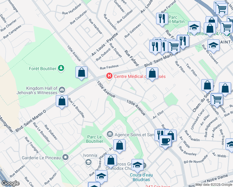 map of restaurants, bars, coffee shops, grocery stores, and more near 1759 100e Avenue in Laval