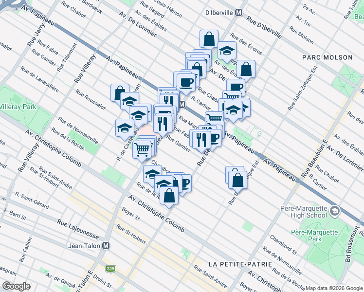 map of restaurants, bars, coffee shops, grocery stores, and more near 7040 Rue Garnier in Montreal
