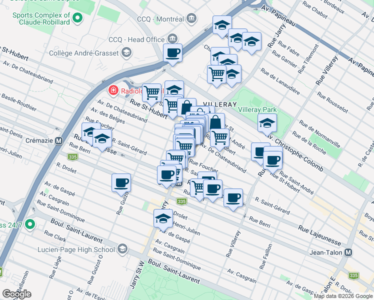 map of restaurants, bars, coffee shops, grocery stores, and more near 8114 Avenue des Belges in Montréal