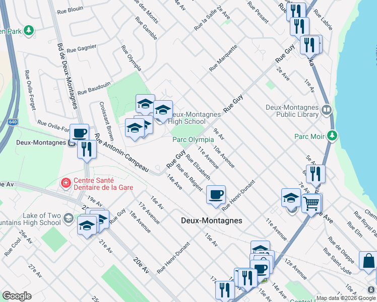 map of restaurants, bars, coffee shops, grocery stores, and more near 339 Rue Elizabeth in Deux-Montagnes