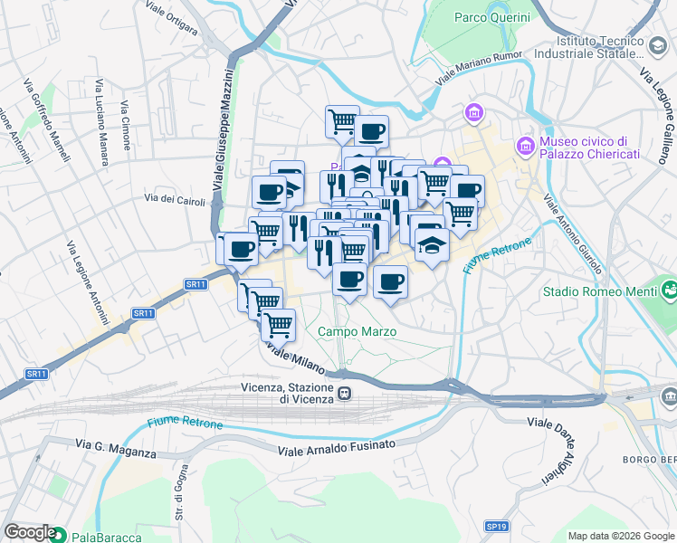 map of restaurants, bars, coffee shops, grocery stores, and more near in Vicenza
