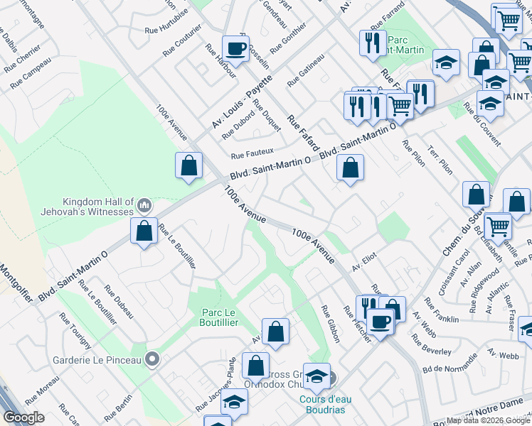 map of restaurants, bars, coffee shops, grocery stores, and more near 1773 100e Avenue in Laval