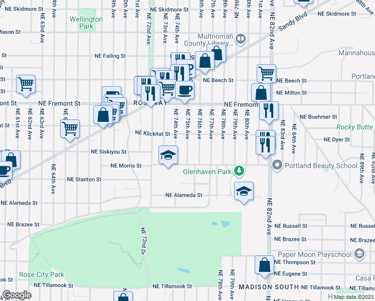 map of restaurants, bars, coffee shops, grocery stores, and more near 3241 Northeast 75th Avenue in Portland