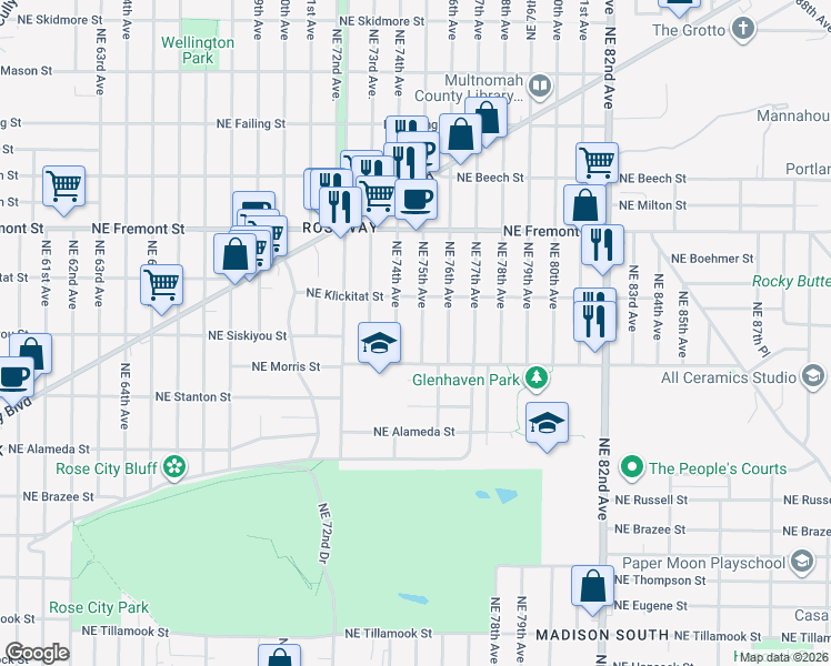 map of restaurants, bars, coffee shops, grocery stores, and more near 3241 Northeast 75th Avenue in Portland