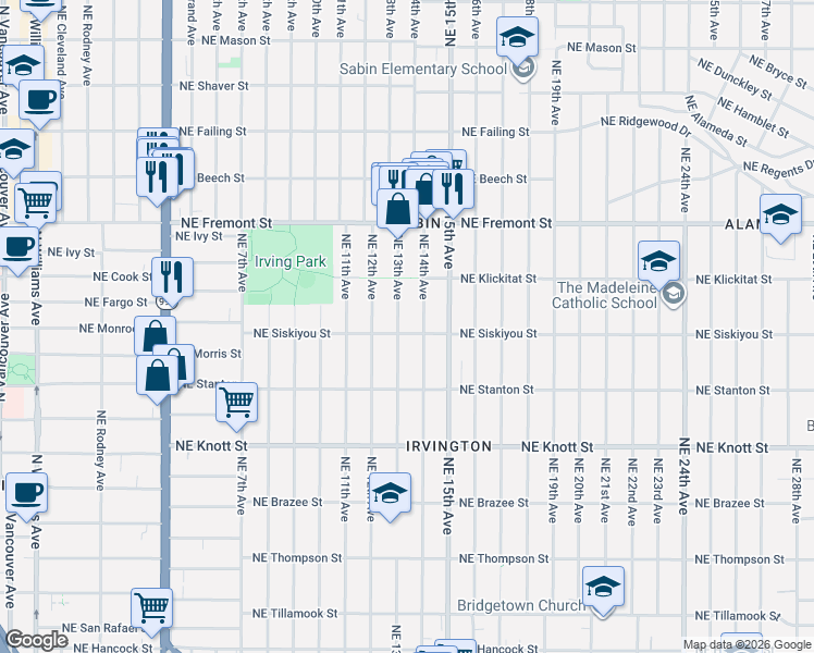 map of restaurants, bars, coffee shops, grocery stores, and more near 3202 Northeast 13th Avenue in Portland