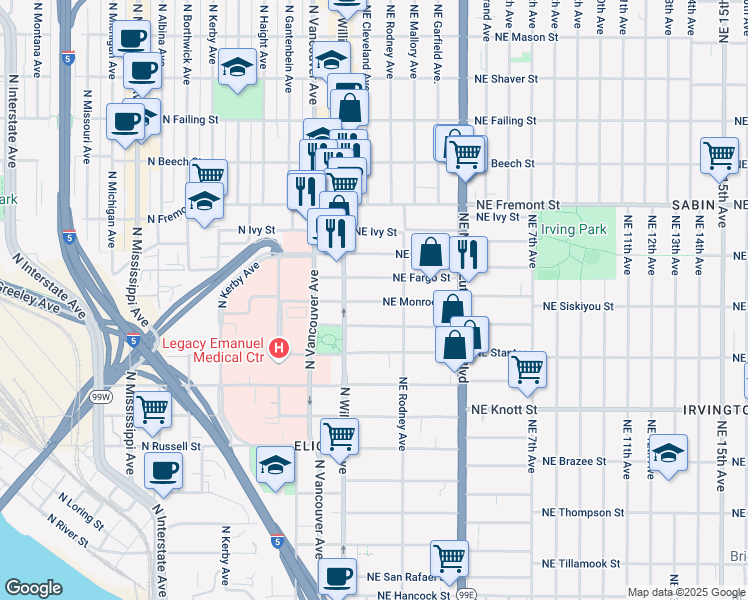 map of restaurants, bars, coffee shops, grocery stores, and more near 40 Northeast Fargo Street in Portland