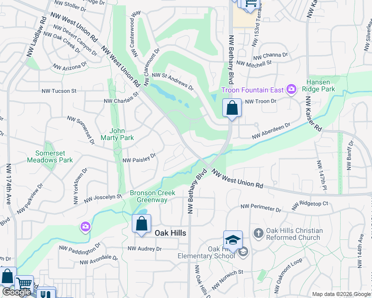 map of restaurants, bars, coffee shops, grocery stores, and more near 16005 Northwest Harriet Court in Beaverton