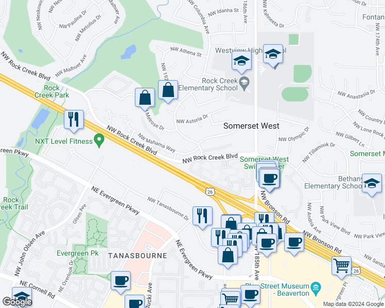 map of restaurants, bars, coffee shops, grocery stores, and more near 3635 Northwest Columbia Avenue in Portland