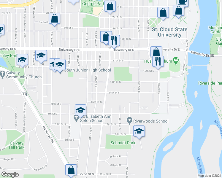 map of restaurants, bars, coffee shops, grocery stores, and more near 802 13th Street South in St. Cloud
