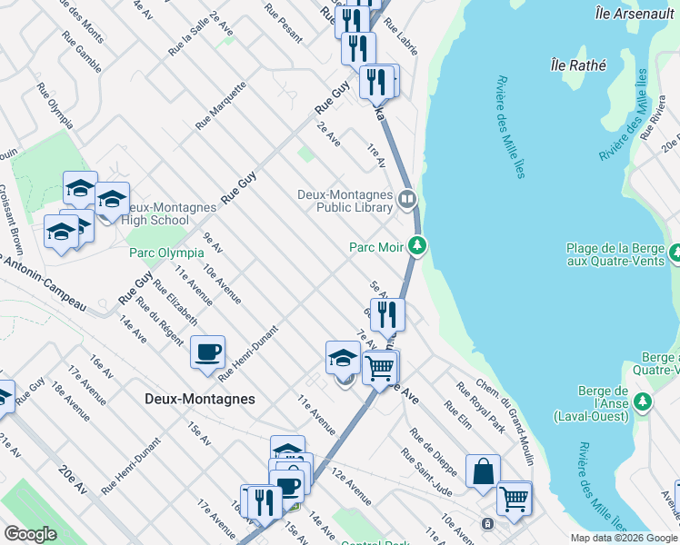 map of restaurants, bars, coffee shops, grocery stores, and more near 269 A 6e Avenue in Deux-Montagnes
